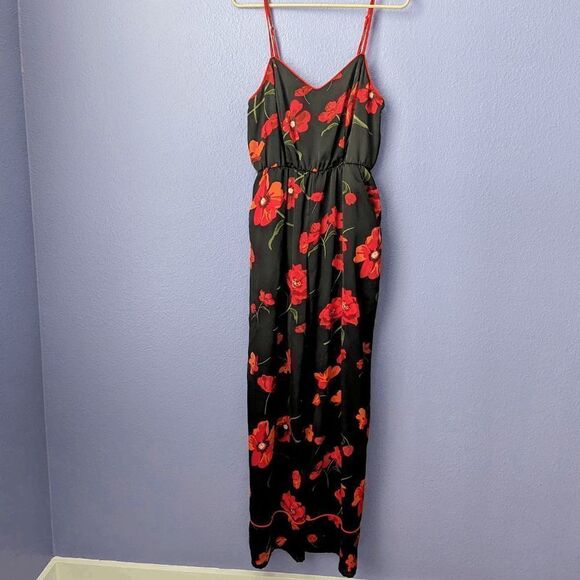 Women's Love & Piece Collective Jumpsuit Black Red Floral Print Medium Pockets - Picture 3 of 9